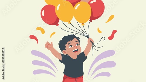 Happy boy holding party balloons