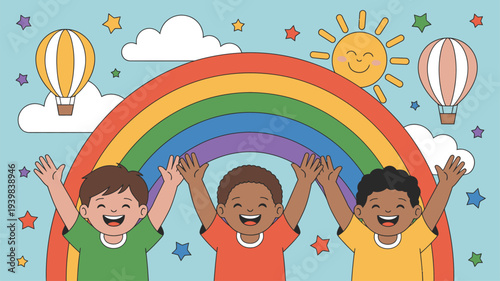 Happy boys raising hands rainbow