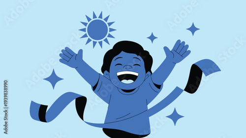 Happy child arms outstretched blue