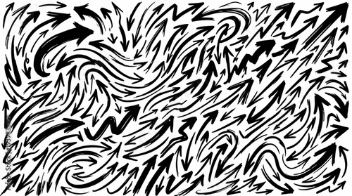 Black and white abstract pattern with swirling arrows.