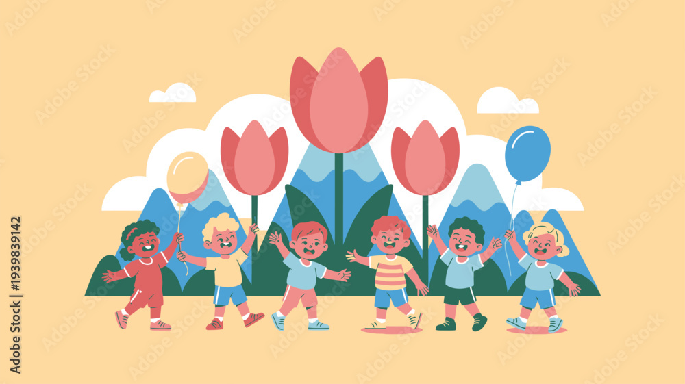 Fototapeta premium Happy children group balloons