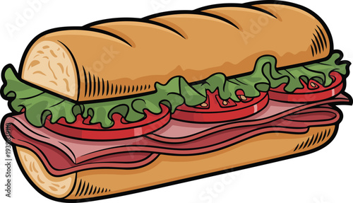 Cartoon submarine sandwich illustration with lettuce tomato and deli meat in French bread roll minimal fast food vector