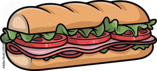 Cartoon submarine sandwich illustration with lettuce tomato and deli meat in French bread roll minimal fast food vector