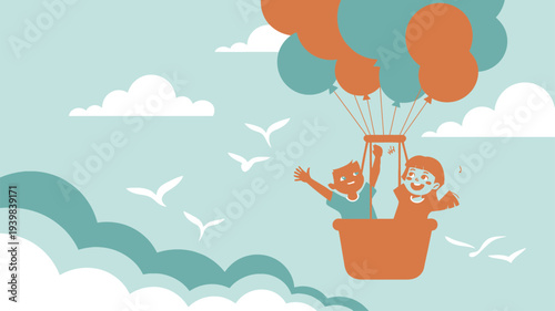 Happy children hot air balloon