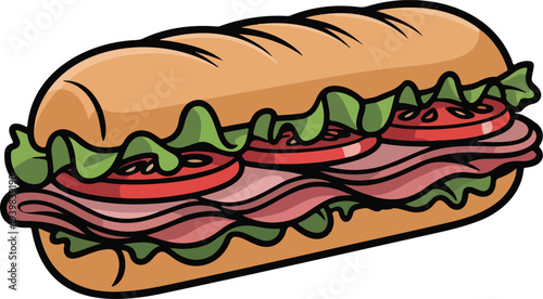 Cartoon submarine sandwich illustration with lettuce tomato and deli meat in French bread roll minimal fast food vector