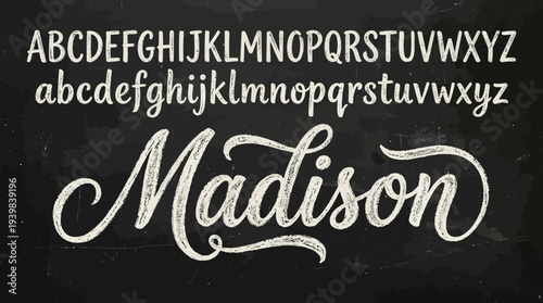 Elegant Madison Script Font with Uppercase and Lowercase Letters on Blackboard Background.