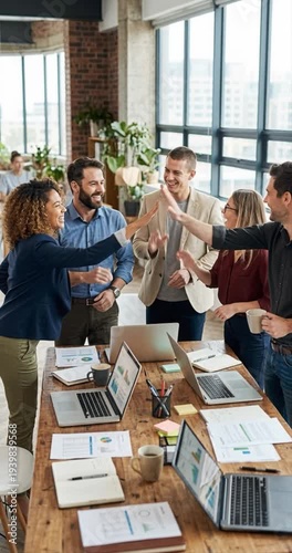 Collaborative office team celebrating success high five gesture day time