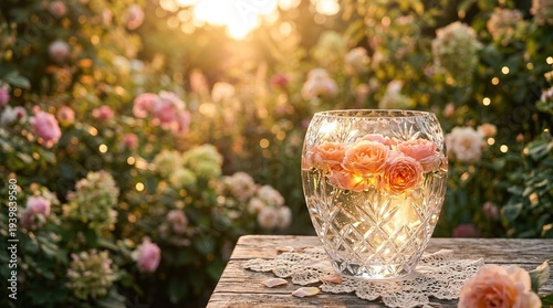 Elegant Crystal Vase with Floating Roses on a Rustic Wooden Table in a Golden Hour Garden
