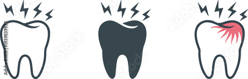 Minimal tooth pain dental icon set with lightning bolt symbols showing outline filled and inflamed tooth variations