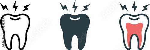 Minimal tooth pain dental icon set with lightning bolt symbols showing outline filled and inflamed tooth variations