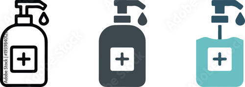 Minimal liquid soap dispenser icon set with pump bottle drop and medical cross outline silhouette and color variations