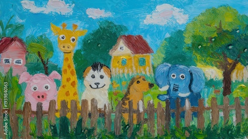 Playful oil painting of animals near fence with houses and trees.