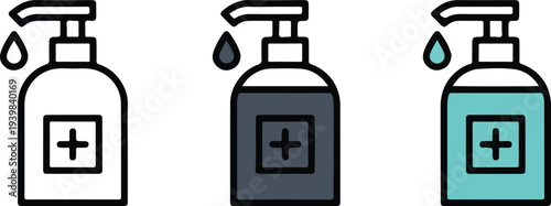 Minimal liquid soap dispenser icon set with pump bottle drop and medical cross outline silhouette and color variations