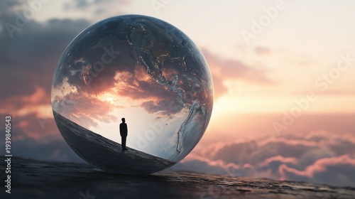 Silhouette of man inside transparent globe reflecting sky.