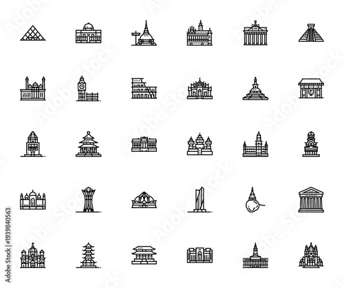 Landmarks icon set. World famous buildings vector collection. Includes Louvre, Colosseum, Angkor Wat, Big Ben, Brandenburg Gate and more. Editable stroke.
