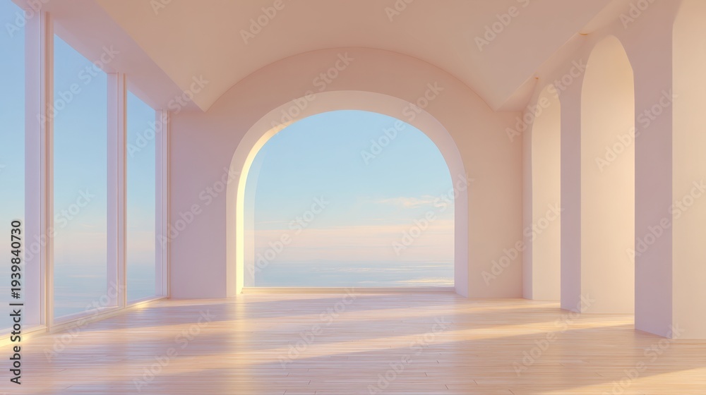 Fototapeta premium Serene Modern Interior with Large Arched Windows Emphasizing Light and Airy Atmosphere for Relaxation and Inspiration