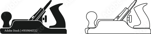 Hand plane tool woodworking black and white line illustration isolated on transparent background, Vector