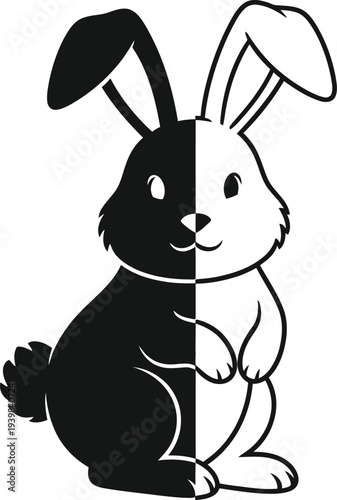 Black and white bunny contrast dual personality isolated on transparent background, Vector