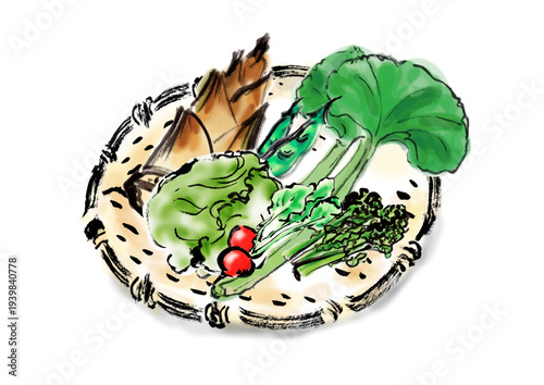 春野菜の籠盛りセット筆書き和風イラスト素材