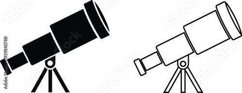 Telescope astronomy space exploration black white illustration isolated on transparent background, Vector