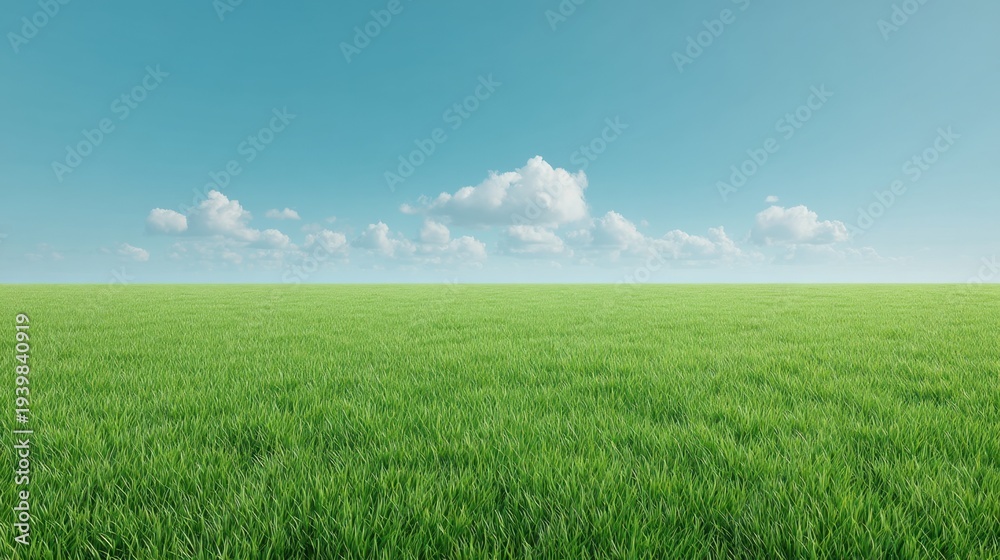 Fototapeta premium Lush Green Grass Field Under Clear Blue Sky with Fluffy Clouds and Endless Horizon for Scenic Nature Representation