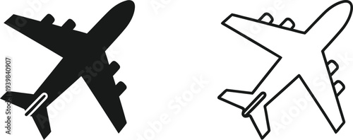 Airplane icons black and white isolated on transparent background, Vector
