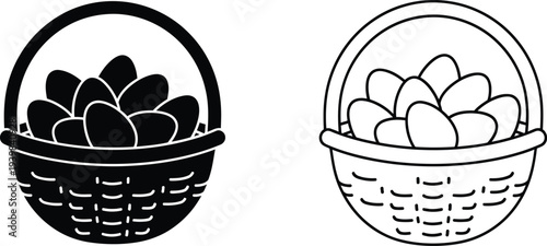 Black and white illustration of two woven baskets with eggs isolated on transparent background, Vector