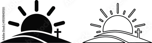 Easter sunrise with cross hill landscape isolated on transparent background, Vector