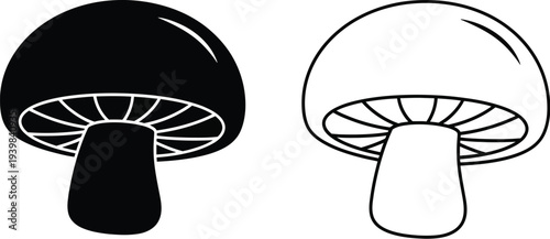 Black and white mushroom illustrations isolated on transparent background, Vector