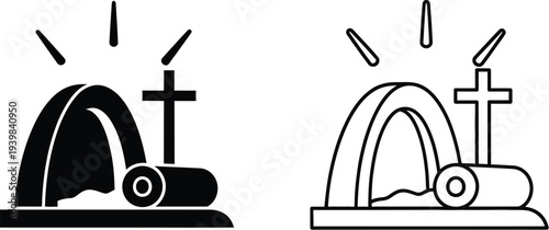 He tomb with a cross on top and stone rolled away isolated on transparent background, Vector