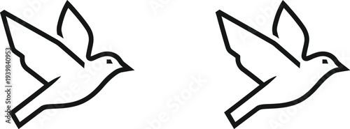 Two birds flying side by side in black outline isolated on transparent background, Vector