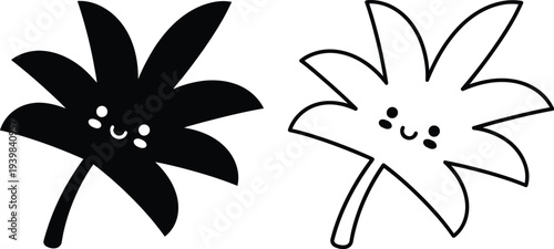 Smiling flowers black and white isolated on transparent background, Vector