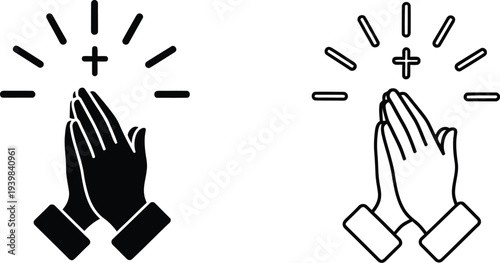 Praying hands with cross religious symbol isolated on transparent background, Vector