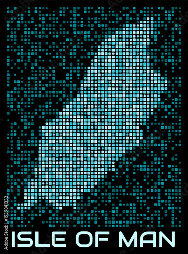 Isle of Man digital dotted map. Shape of the country in cyan color palette on dark background. Futuristic Isle of Man map design. Vector illustration.