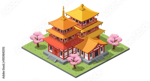 Isometric Japanese Pagoda Temple with Cherry Blossoms