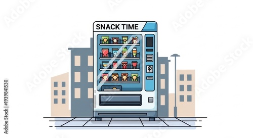 Snack vending machine on city street, convenience food