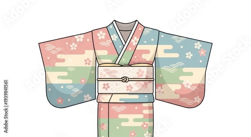 Traditional Japanese Kimono with Floral and Wave Patterns