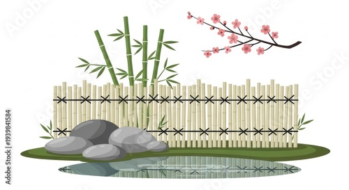 Zen Garden Scene: Bamboo, Pond, Stones, and Cherry Blossoms