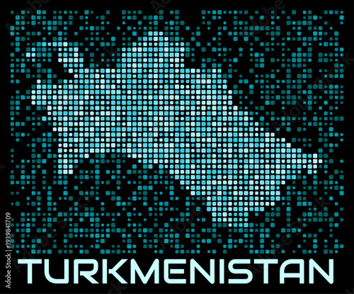 Turkmenistan digital dotted map. Shape of the country in cyan color palette on dark background. Futuristic Turkmenistan map design. Vector illustration.