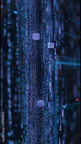 Digital Stream of Data Particles Flowing Vertically