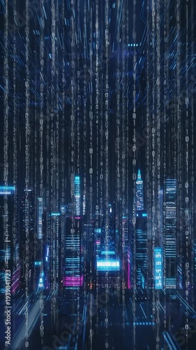 Futuristic Digital City with Falling Binary Code