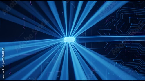 Abstract Blue Light Beams Emanating From Digital Circuit