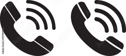 Set of two black telephone receiver icons with signal waves