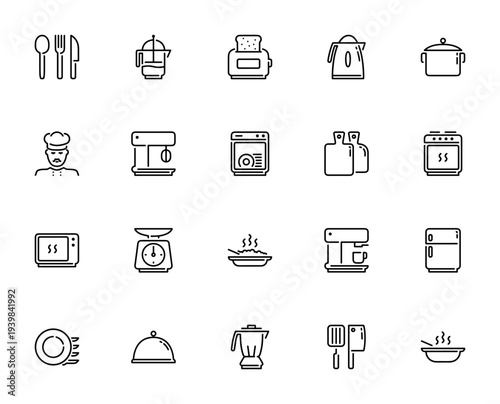 Kitchen icon set. Minimal vector icons pack. Includes cutlery, toaster, kettle, oven, refrigerator, blender, coffee machine and more. Editable stroke.