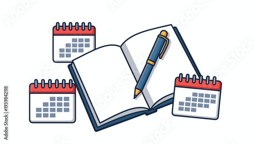Open Notebook with Pen and Calendars Vector Illustration for Planning, Scheduling, and Time Management Concepts