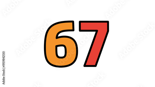 Orange and Red Number 67 Typography Illustration, Bold Font Design with Black Outline on White Background, Graphic Element for Counting or Data Visualization