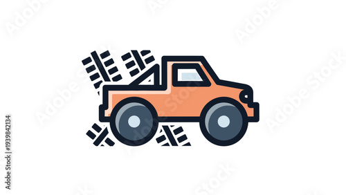 Orange Pickup Truck Driving Off-Road with Tire Tracks, Vector Style Graphic for Automotive and Adventure Themes