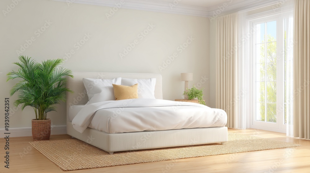 Fototapeta premium Serene and Minimalist Bedroom with Bright Natural Light, Cozy Bedding, and Indoor Plant Accents