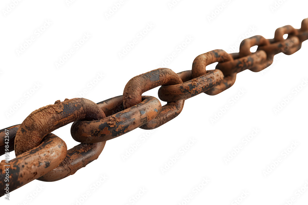 Fototapeta premium Rusty metal chain in diagonal formation showing corrosion and strength, industrial link connection against transparent background