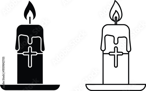 Black and white candles with crosses on them isolated on transparent background, Vector
